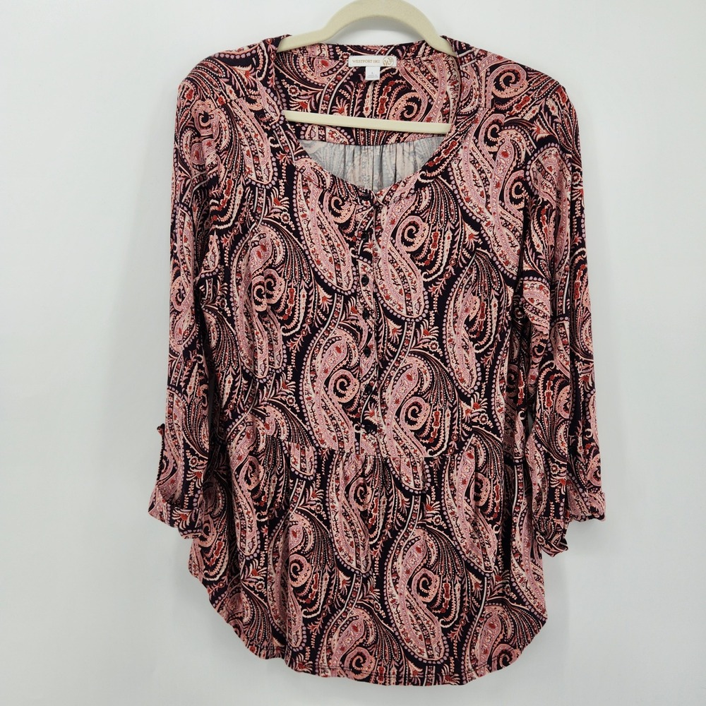 Westport 1962 Women's Paisley Print Tunic Top Size L Long Sleeve Button Neck